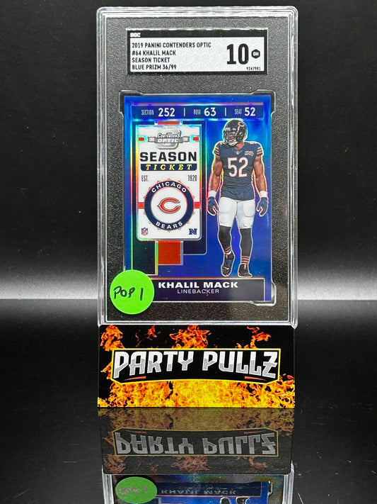 2019 Panini Contenders Optic #64 Khalil Mack Season Ticket Blue Prizm 36/99 SGC 10 POP 1