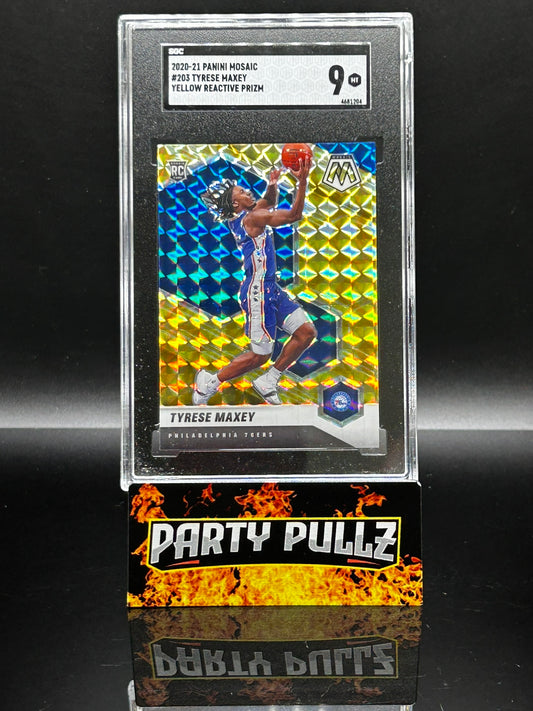 2020-21 Panini Mosaic #203 Tyrese Maxey RC Yellow Reactive Prizm SGC 9