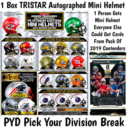 1 Box TRISTAR 2024 Platinum Auto Football Mini Helmet Box & 1 Pack 2019 Contenders Division Break