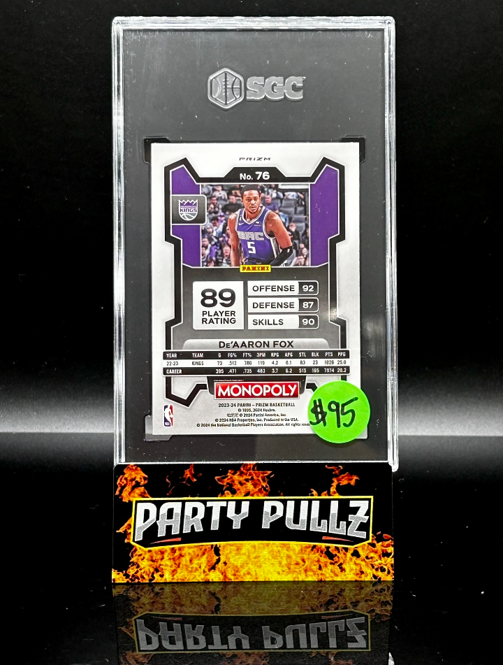 2023-24 Panini Prizm Monopoly #76 De'Aaron Fox Monopoly Man Black & White SGC 9.5 POP 1